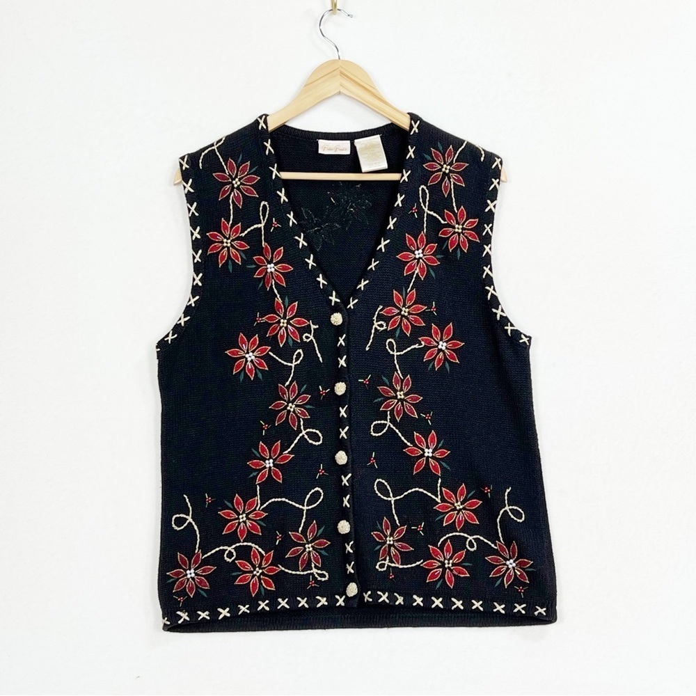 Bobbie Brooks red poinsettia Hoilday button up sweater vest gold beads